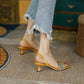 Sandals for Women Summer Mid-heel Square Toe Soft Leather All-match Stiletto Heel French High-heeled Sandal Temperament  Elegant Plaid Sandals