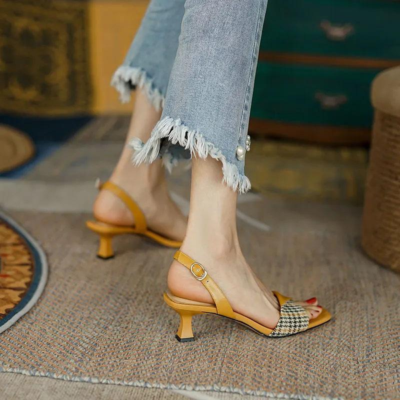 Sandals for Women Summer Mid-heel Square Toe Soft Leather All-match Stiletto Heel French High-heeled Sandal Temperament  Elegant Plaid Sandals