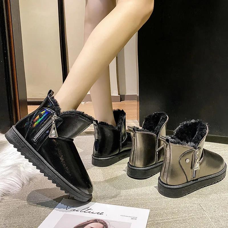 Snow Boots Women's Fur One Non-slip Cotton Shoes Women Winter Crystal Zipper Plus Velvet Thickening