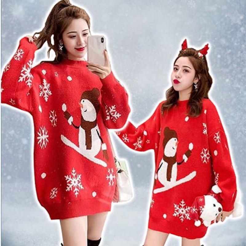 Pofulove Christmas Sweater Women's Mid-length Thick Loose Loose Pullover Sweater Sweater Women