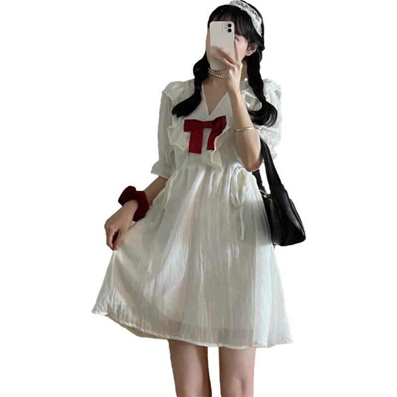 Women's Summer Dress Short Sleeve Sweet and Cute Bow Dress Summer Student White Chiffon Skirt Daily Wear Office Dating Party
