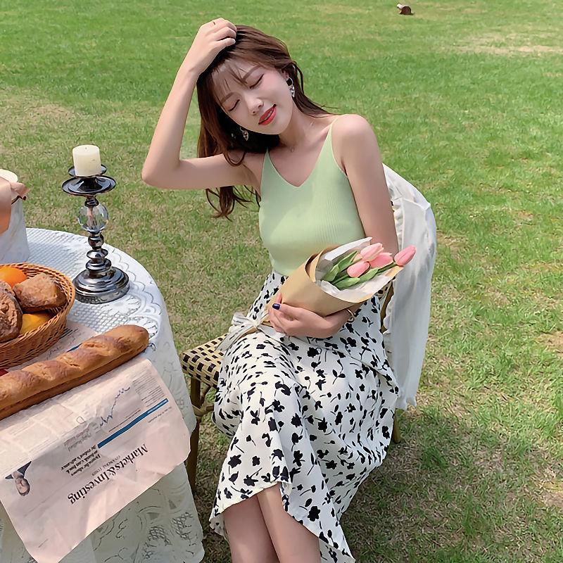 Summer Sweet Floral Skirt Women's Korean Style All-match Flowers Printed Skirt A-line High Waist Slim Retro Long Dress