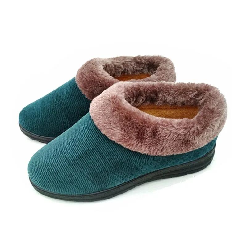 Women's Plus Velvet Warm Non-slip Cotton Shoes Home Shoes Slippers Mother Shoes Corduroy Cotton Shoes Flat-bottomed Soft Shoes for The Elderly
