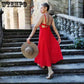 Bow Red/white Dress Sexy Women Summer V-neck Sling Sleeve Backless Night Club Party Bodycons Bandage Mid-calf Beach Vacation