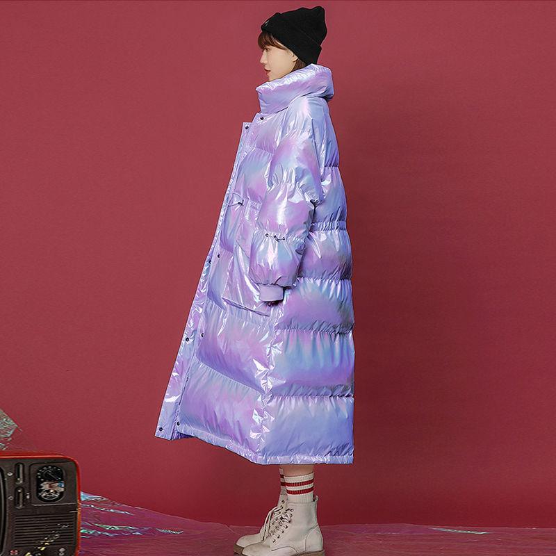 Colorful Bright Face Stand-up Collar Cotton-padded Jacket Women's Knee-length Loose Waist Waist Slimming Bread Clothes Warm Cotton-padded Jacket