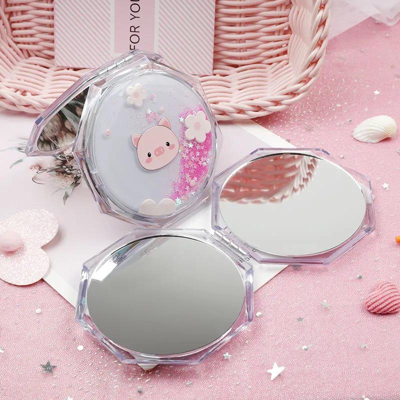Woman Polygon Hand-held Makeup Mirror Mini Vanity Mirror Schoolgirl Flip Foldable Easy To Carry  Quicksand Sequins