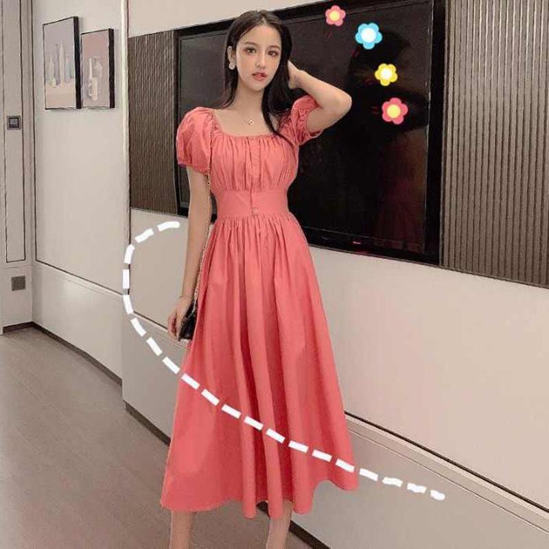 One-line Collar Strapless Dress Summer Sweet Temperament Small Fresh Mid-length A-line Skirt Waist Was Thin and Elegant Temperament Retro Style