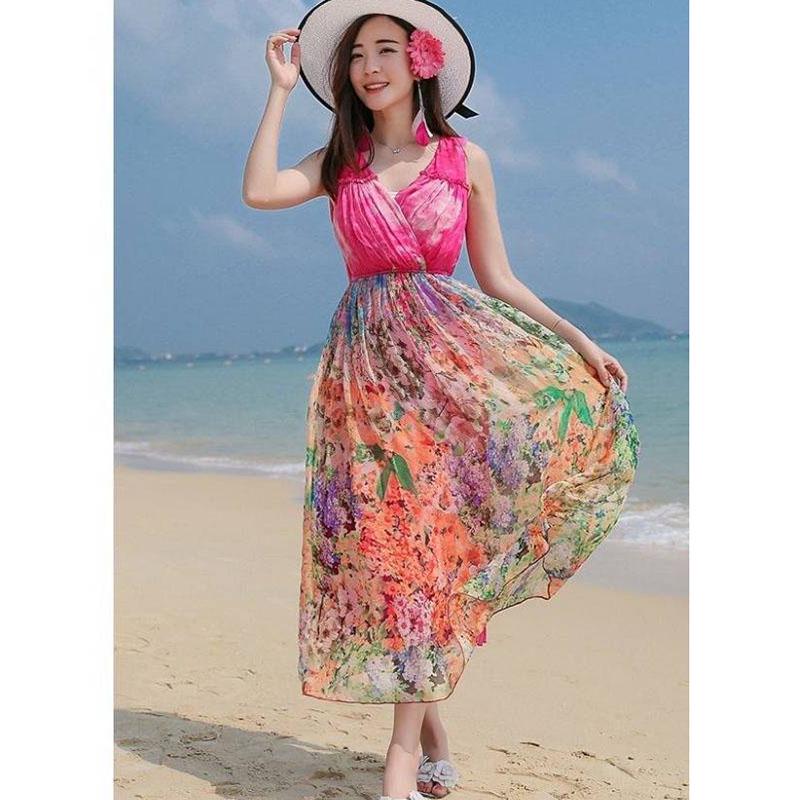 Bohemia Long Chiffon Floral Dress Boho V-Neck Sleeveless Evening Beach Maxi Dress  Sundress