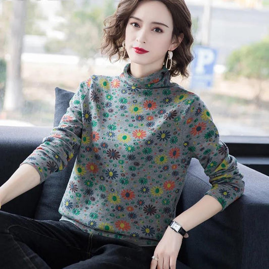 Floral T-shirt Women's Long-sleeved Spring and Autumn Inner Top Solid Color Loose Half Turtleneck Bottoming Shirt Women