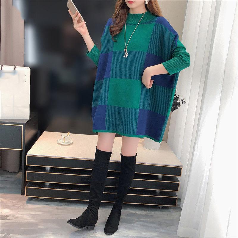 Autumn and Winter Mid-length Knitted Sweater High Neck Loose Plus Size Top Fashion Pullover Women's Dress