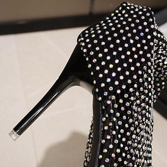 Women's Knee High Boots Cool Boots Rhinestone Hollowed Out Mesh Boots High Thin Heels Pointed High Heels