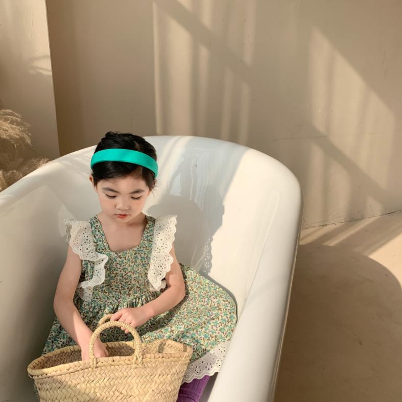 Spring and Summer Girl's Printing Lovely Skirt Baby Lace Shoulder Skirt Children's Dress Idyllic Style