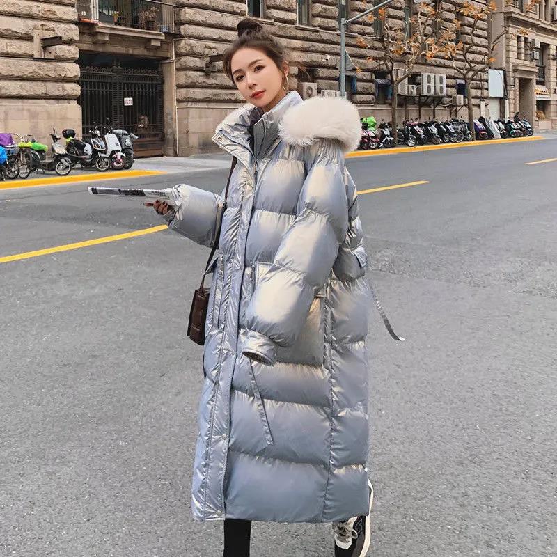 Shiny Down Cotton Jacket Fashion Color Hooded Jacket Winter Thicken Warm Long Over-the-knee Cotton Jacket Suitable for Women
