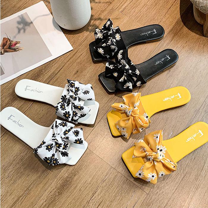 WTEMPO Slippers Women Printed Bow Square Head Flat  Indoor Non-slip  Flip Flop Beach Bedroom Home  Go Out