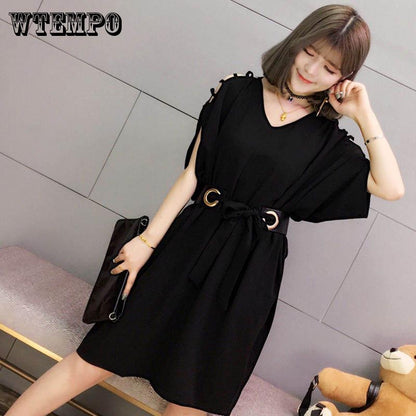 Brand Women's Leaking Shoulder Dress Summer Dress Bat Sleeve Loose Skirt