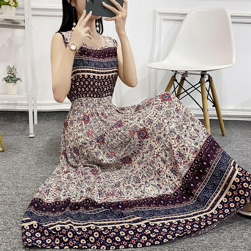 Summer Bohemia Ethnic Print Dress Round Neck  Sleeveless Loose High Waist Cotton Silk Vest Beach Skirt