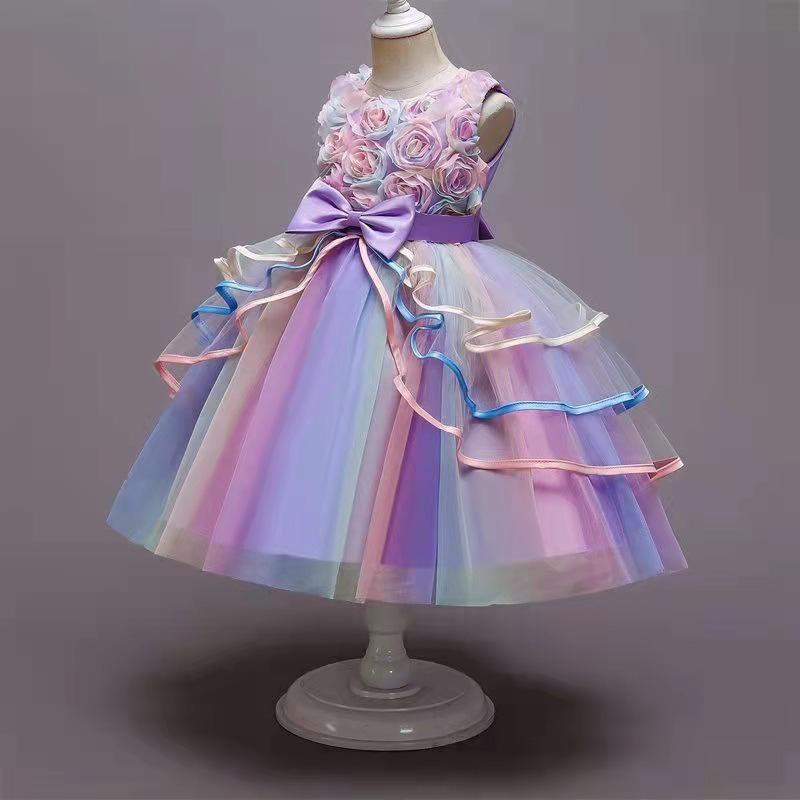 Kids Unicorn Dress for Girls Flower Appliques Gown Little Girl Sleeveless Princess Dresses Elegant Party Costumes Children Clothing