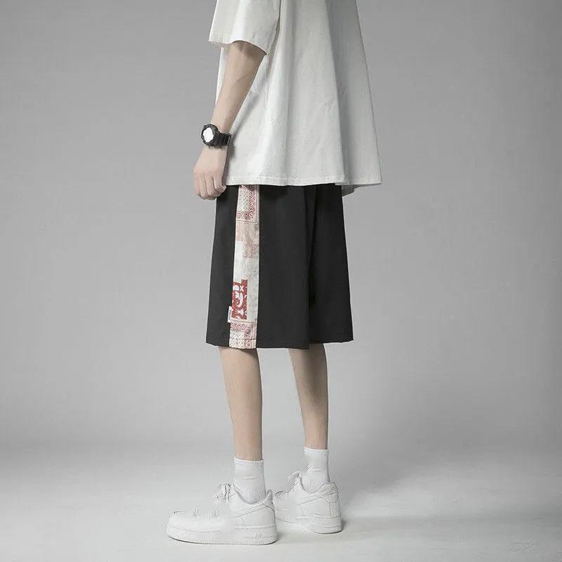 Men's Summer Printing Cooling Ice Silk Stitching Shorts Loose Outer Wear Wide-leg Five-point Pants Casual All-match Shorts