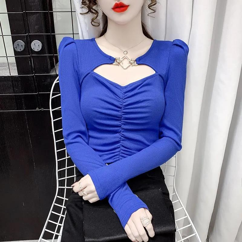 Women's Spring and Autumn Solid Color T-shirt Slim Long Sleeve Top