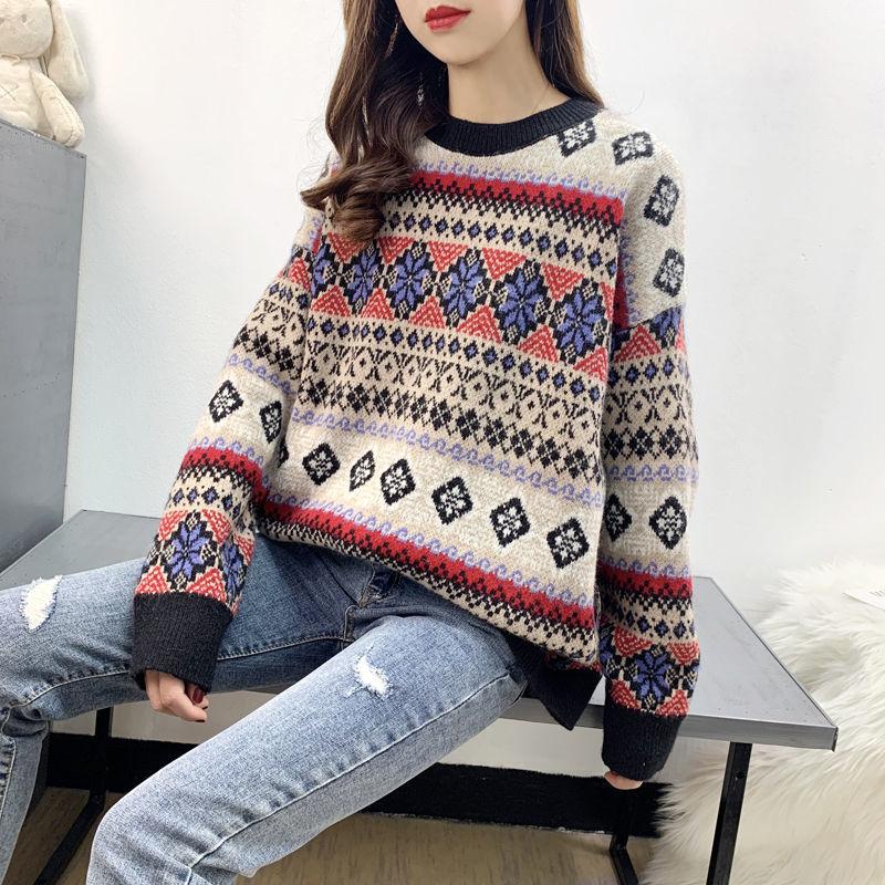 Autumn and Winter Retro Geometric Pattern Sweater Loose Casual Jacquard Top Pure Cute Girl Sweater