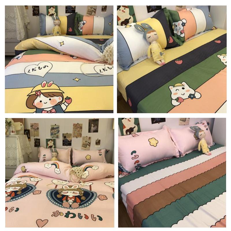 Ins Lattice Cartoon Girl Heart Bedding Four-piece Student Dormitory Three-piece Single Bed