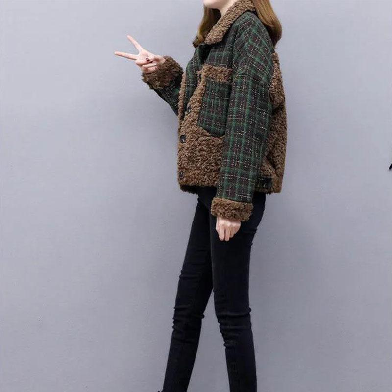 Lamb Wool Stitching Short Coat 2021 Autumn and Winter Plaid Wool Short Coat Cotton-padded Jacket Women