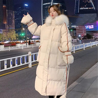 Women's Glossy Loose Down Jacket Mid-length Korean Thick Coat Warm Cotton Coat with Big Fur Collar Winter Quilted Jacket