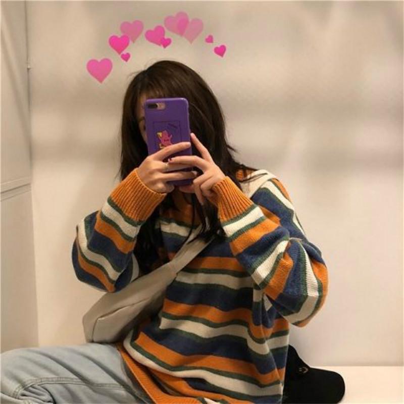 Pofulove Long Contrast Color Striped Sweet Pullover Sweater Sweater Women Sweater Autumn and Winter