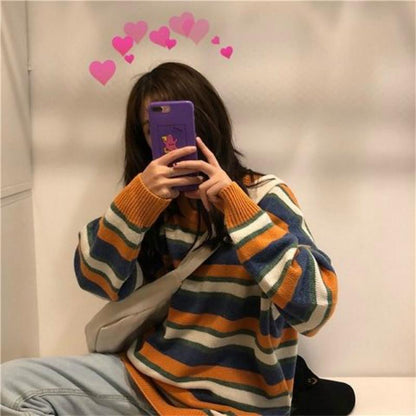 Pofulove Long Contrast Color Striped Sweet Pullover Sweater Sweater Women Sweater Autumn and Winter