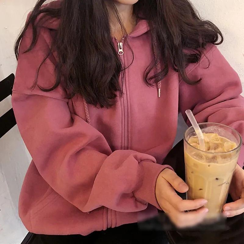 Hooded Sweater Women's Fleece Bf Loose Zipper Top Autumn and Winter Cardigan Ins Ladies Coat