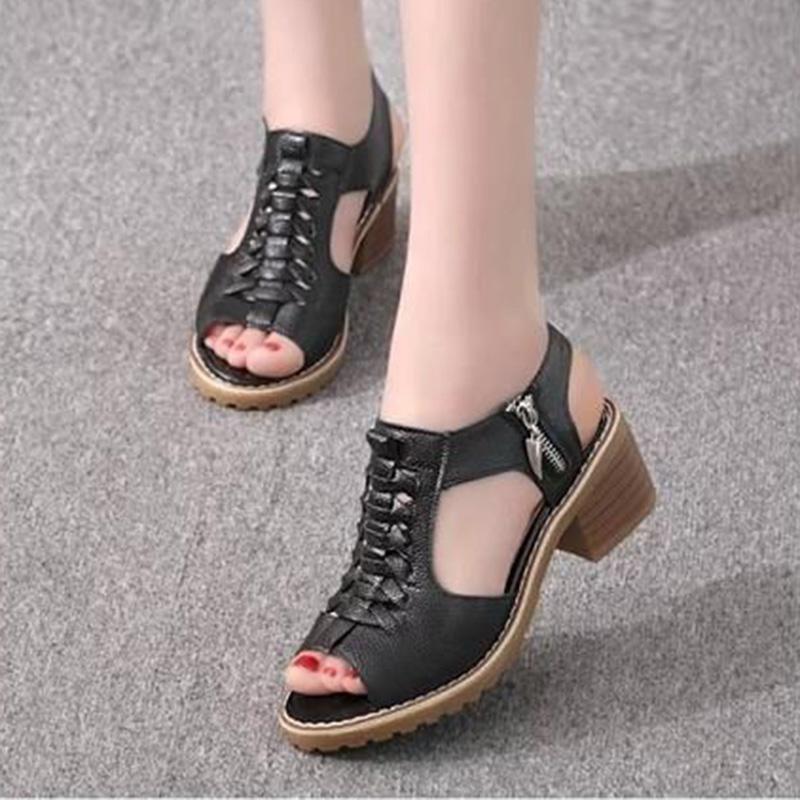 Thick Heel Sandals Female Summer Flat Bottom Korean Students Wild Fish Mouth Retro Princess Mid-heel Female Shoes
