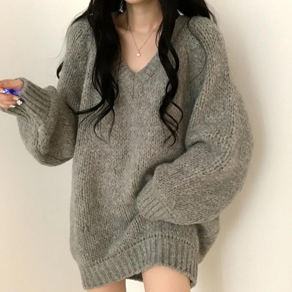 Loose V-neck Loose Sweater Women's Spring and Autumn Clothes Are Thin and Versatile Mid-length Lazy Style Sweater Sweater Top Oversizedsweater