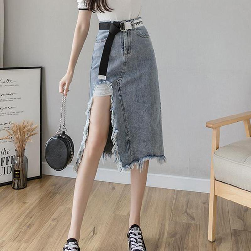 High-waist Denim Skirt Female Spring  Summer Looks Thin Split Split Hole Mid-length Hip Skirt  A-line Skirt