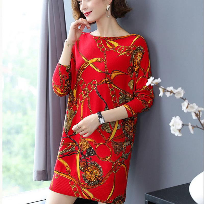 High-end Cashmere Sweater Women Autumn Plus Size Printed Wool Sweater Dress Women Mid-length Knit Dress Outwear