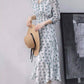 Pofulove Women V-neck Chiffon Polka Dot Dress High Waist Slim A-line Sun-dresses Long Beach Skirt