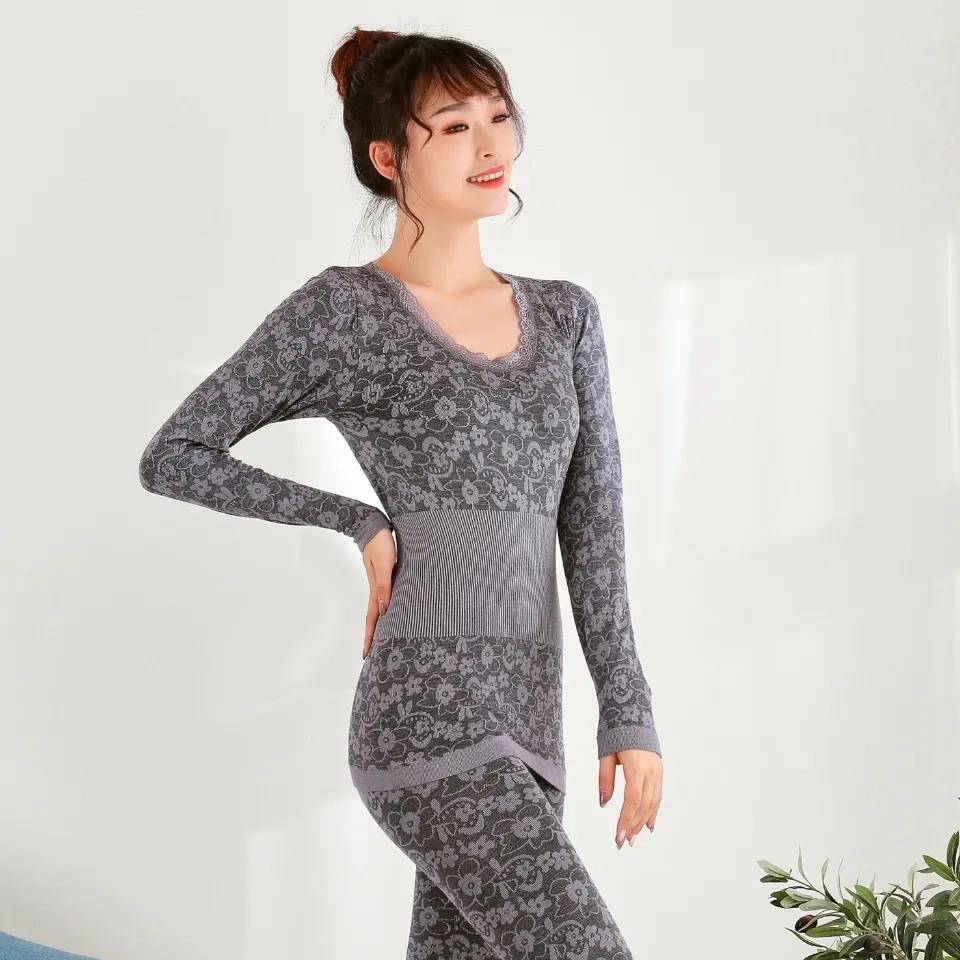 Women Autumn and Winter Thermal Underwear High Elasticity Round Collar Top Long Pant Two Pieces Set Large Size Solid Color Pajama Set