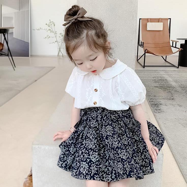 2PCS Children Clothing Set Spring Summer Girls Suits Broken Flowers Short Sleeve Tops + Braces Skirt Clothing Set
