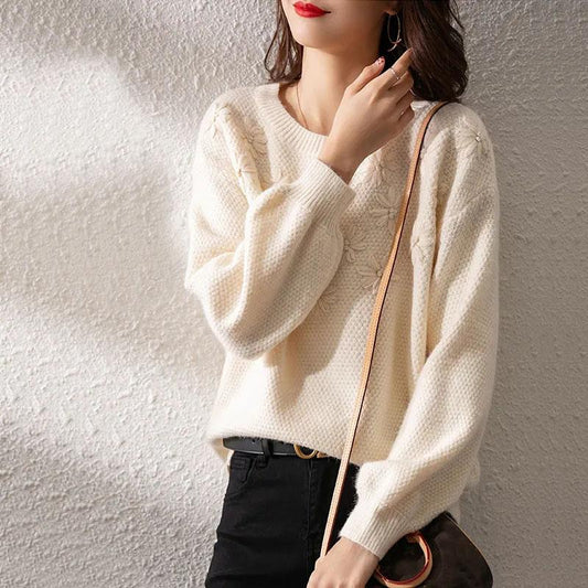 Sweater Women's Plate Flower Round Neck Pullover Knitwear Korean Loose Solid Color Ladies Style Trending Sweater Autumn Winter