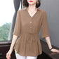 Short-sleeved Chiffon Shirt Women's Mid-sleeve Summer Loose Belly Cover Waist Top Solid Color V-neck Large Size Mid-length Thin Blouses Drawstring Top