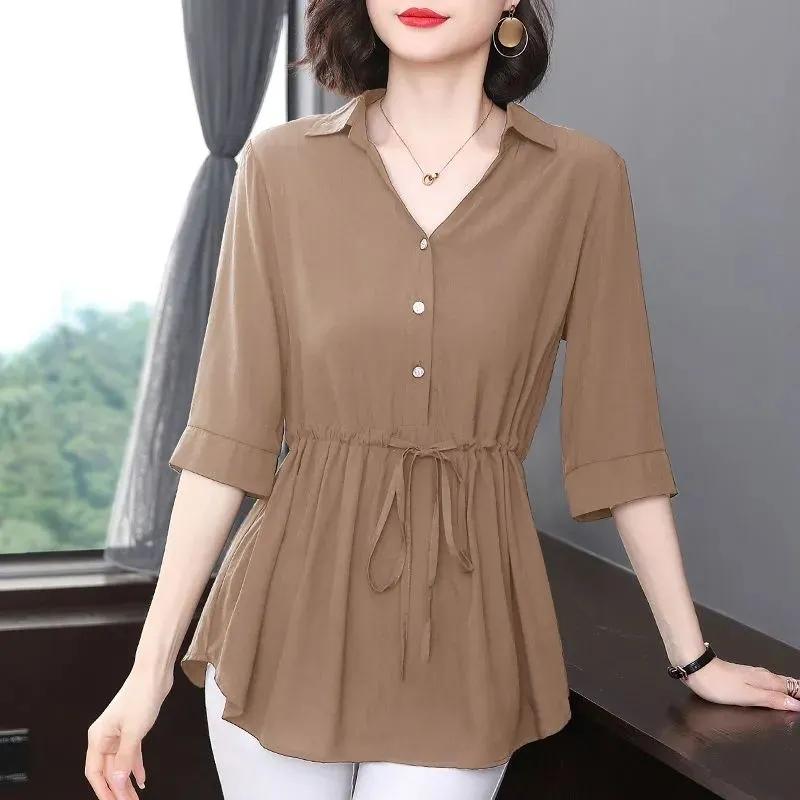 Short-sleeved Chiffon Shirt Women's Mid-sleeve Summer Loose Belly Cover Waist Top Solid Color V-neck Large Size Mid-length Thin Blouses Drawstring Top