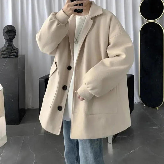Mid-length Woolen Coat Plus Velvet Casual Men's Warm Long-sleeved Jacket Loose Polo Collar Temperament Handsome Top