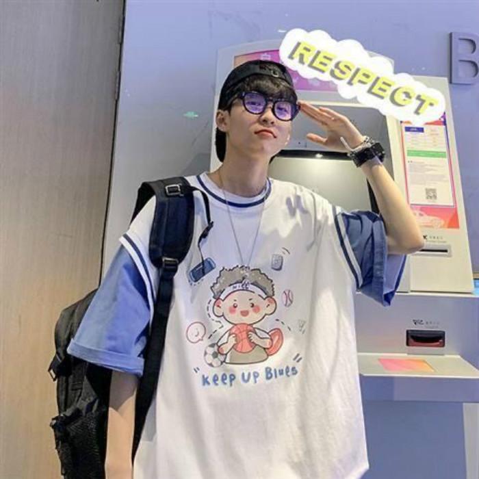 Summer Fake Two-piece Short-sleeved T-shirt Male Net Red Ins Super Fire Student Loose Cute Print Top Tide