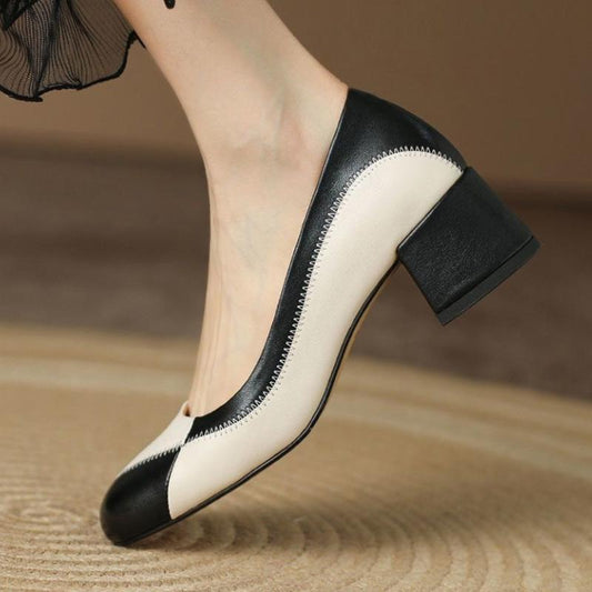 Women's Soft Small Leather Shoes Leather Retro Thick Heel Round Toe Fashion Color Matching Casual Shallow Mouth Sandals