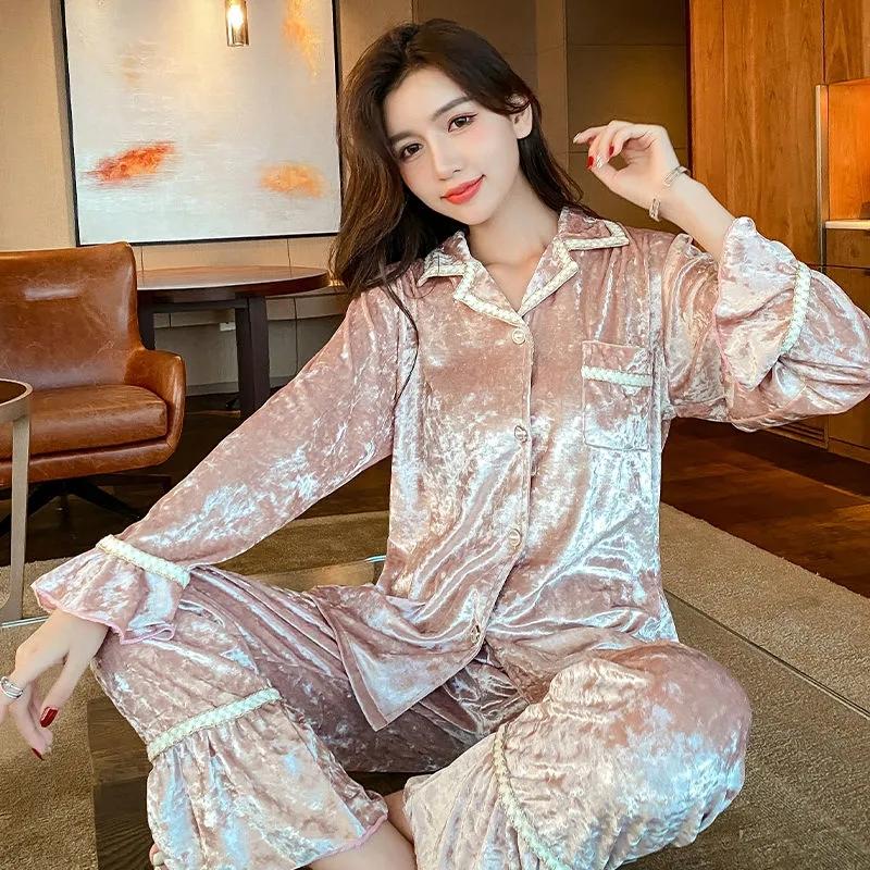 Women's Gold Velvet Pajamas Set Comfortable Gold Edge Tie Dye Long Sleeve Sleeping Suit Spring Autumn Lapel Cardigan Casual Out Wear Pyjama Set