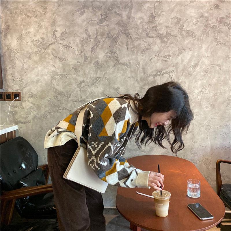 Half High Neck Pullover Sweater Women Fall Winter Casual Fashion Loose Contrast Color  Geometric Pattern Long-sleeved Sweater