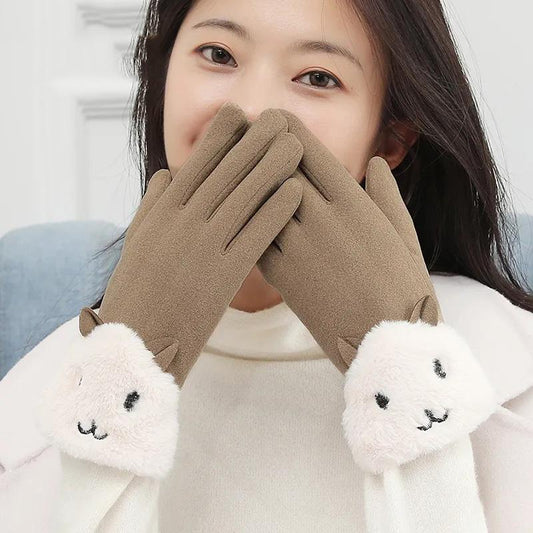 Female Winter Self-heating Warm Gloves Plus Velvet Thick Cotton Korean Style Cute Cycling Driving Touch Screen Cold Proof Mittens Thermal Gloves