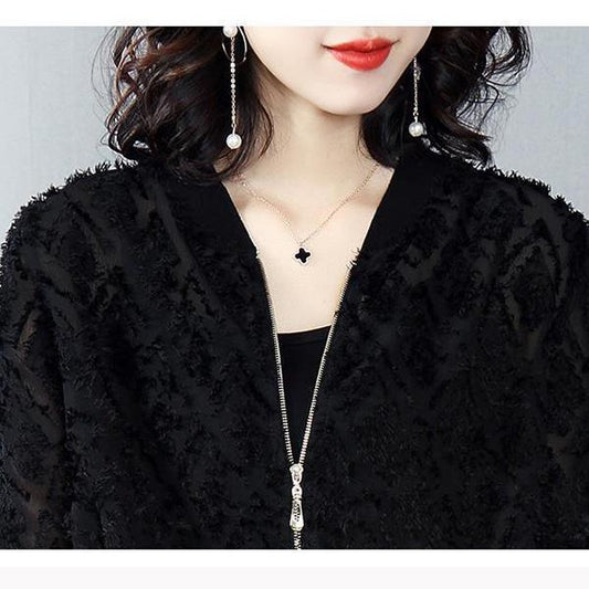 Long Sleeve Jacket Summer Women's Loose Jacket Casual Sunscreen Thin Print Transparent Flocked Baseball Uniform