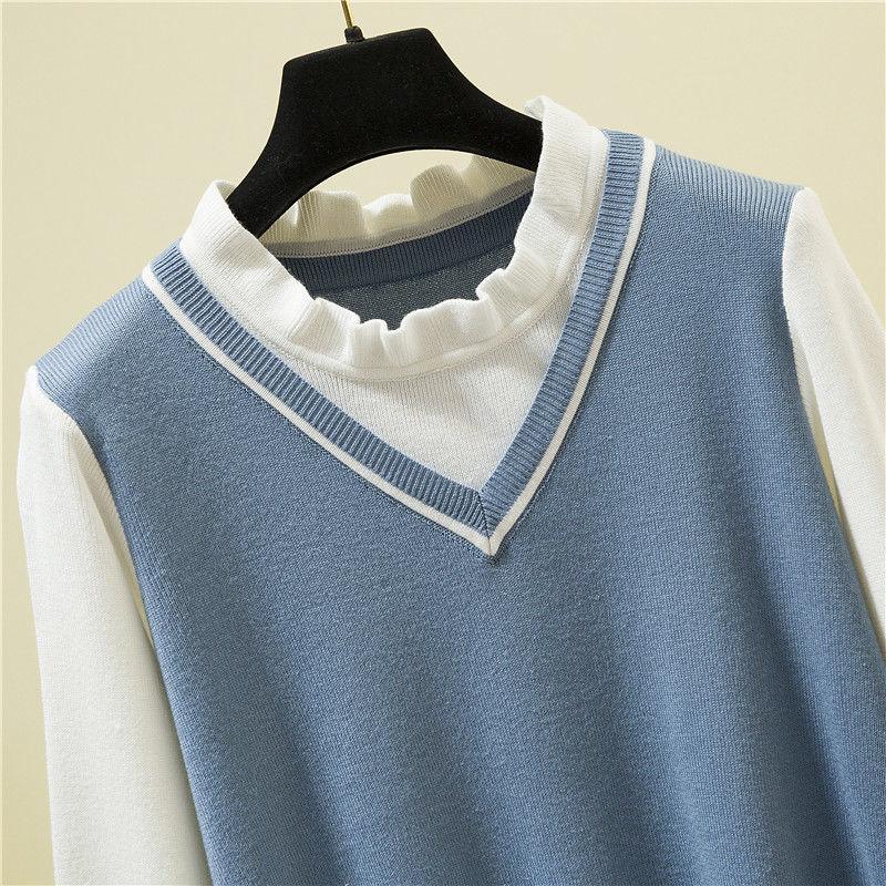 Fall/winter Korean Version of Loose Outer Wear All-match Fake Two-piece Japanese Sweater Sweater Top Women's Bottoming Shirt