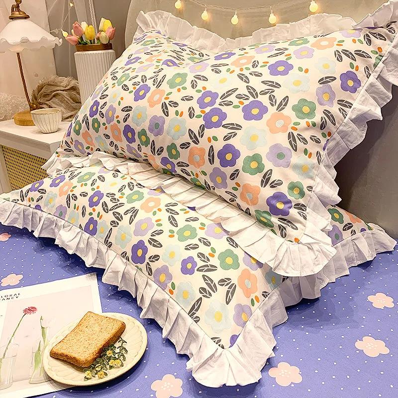 Princess Style Print Pillowcase Korean Style Fashion Lace Soft Pillow Core Cover A Pair of Cotton Pillowcases for Adults
