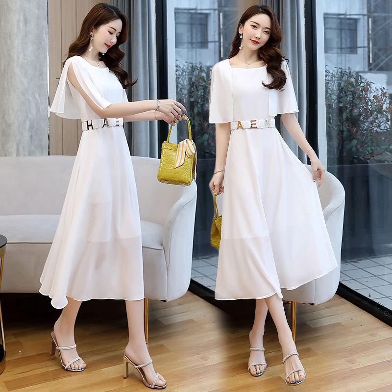 Spring Summer Chiffon Dress Female Short-sleeved Round Neck Mid-length Solid Color Over-the-knee Long Skirt Waist Is Thin